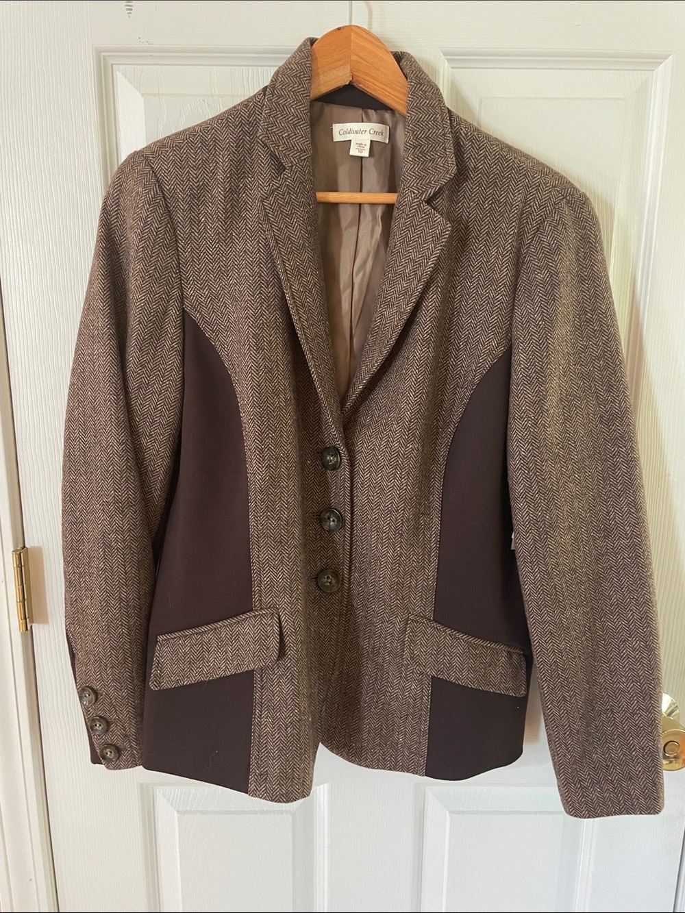 Coldwater Creek Brown Herringbone Blazer with Dark Brown Panels